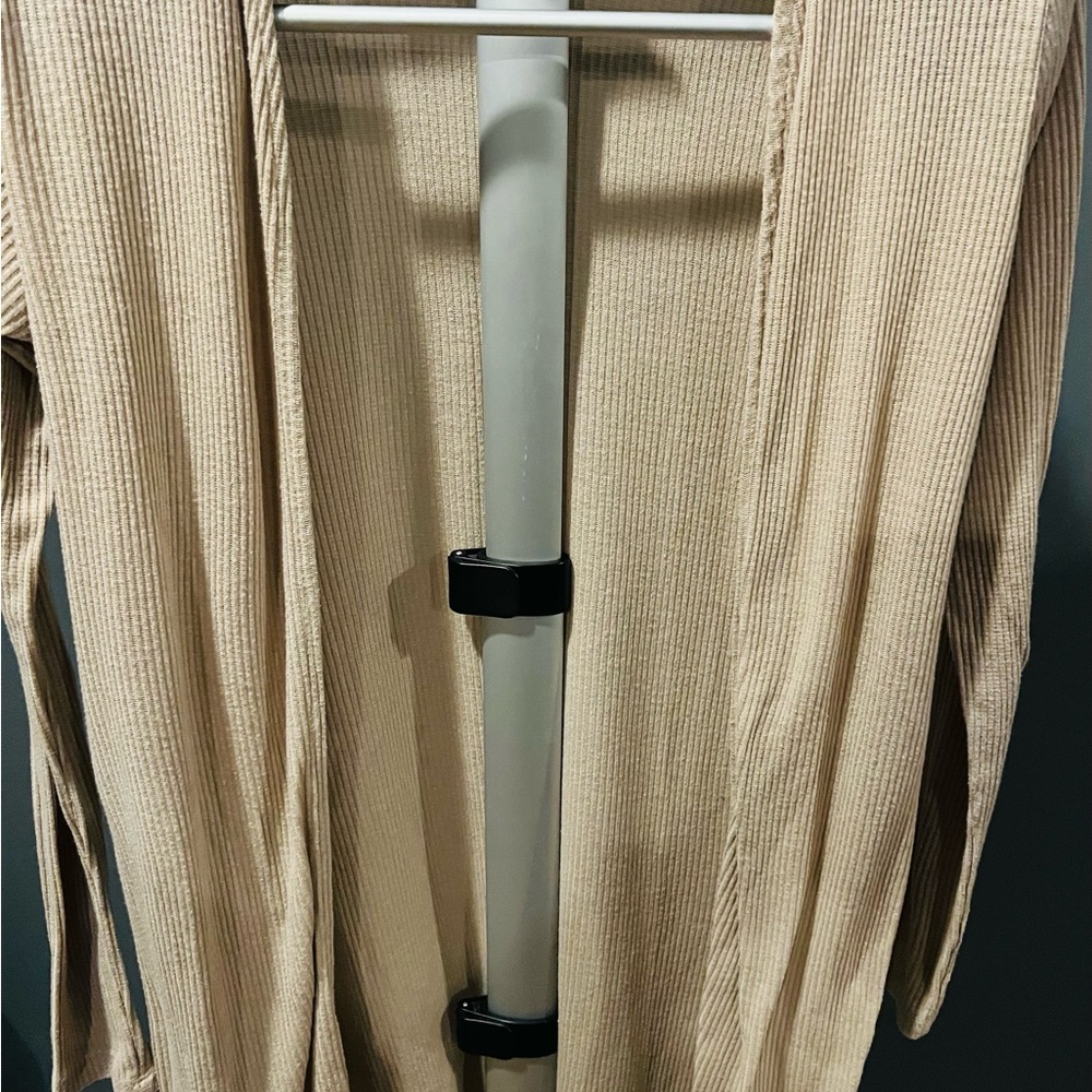 Knee length Beige Ribbed Open Cardigan
